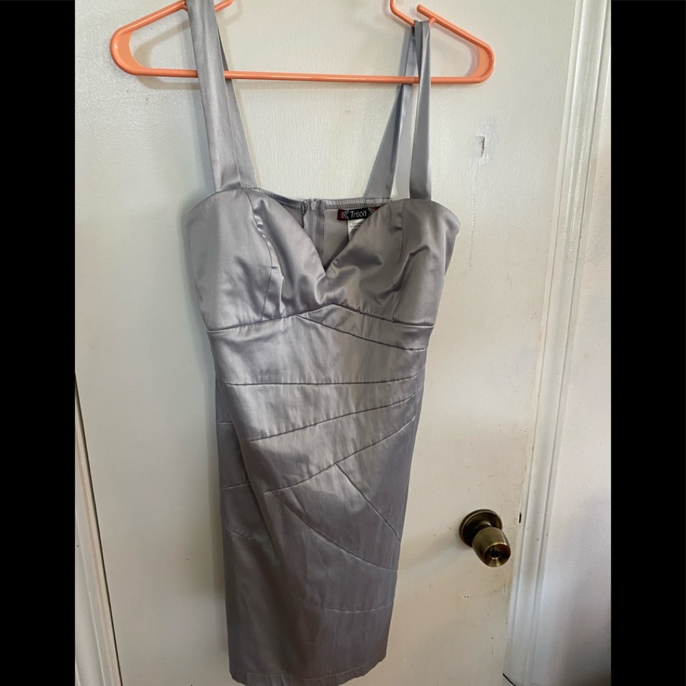 Silver mini dress by TRIXXI size 11 stretchy material; lightly padded top